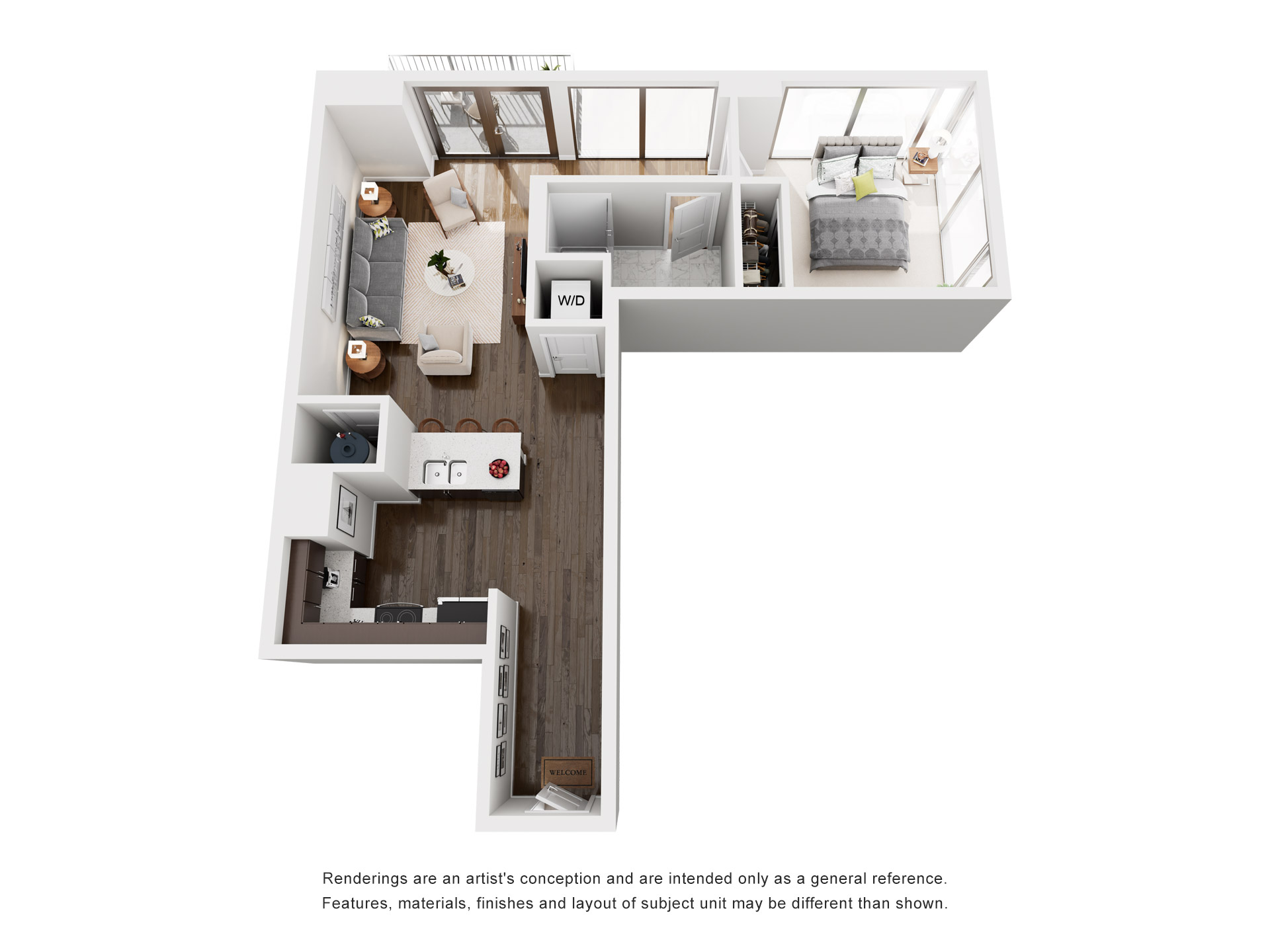Floor plan for 1 bed, 1 bath, 742 sqft